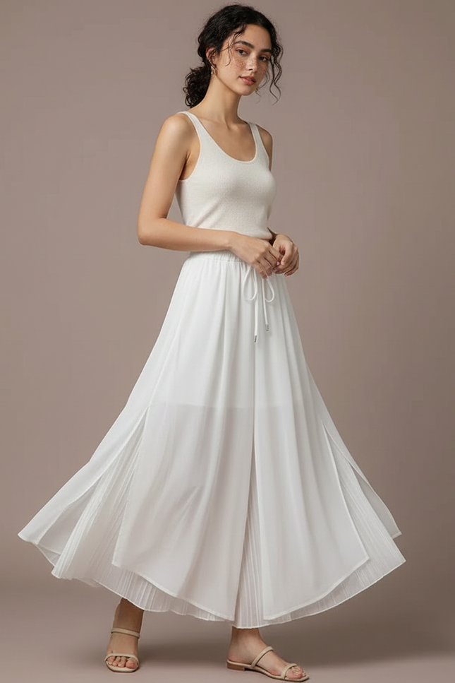 Pantalon Jupe Blanc Fluide Plissé Ample Femme Élégant - Polyester