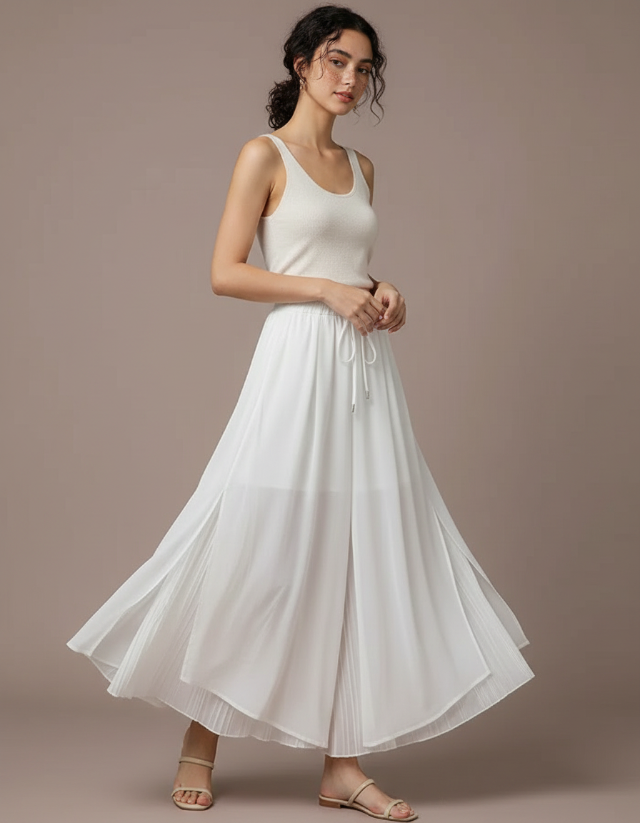 Pantalon Jupe Blanc Fluide Plissé Ample Femme Élégant - Polyester