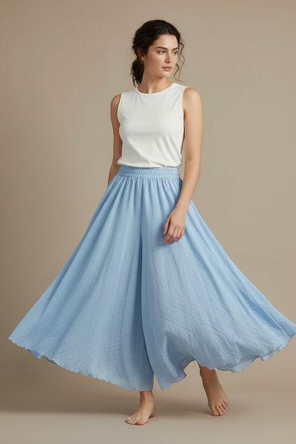 Pantalon Jupe Bleu Ciel Ample Fluide Lin Coton