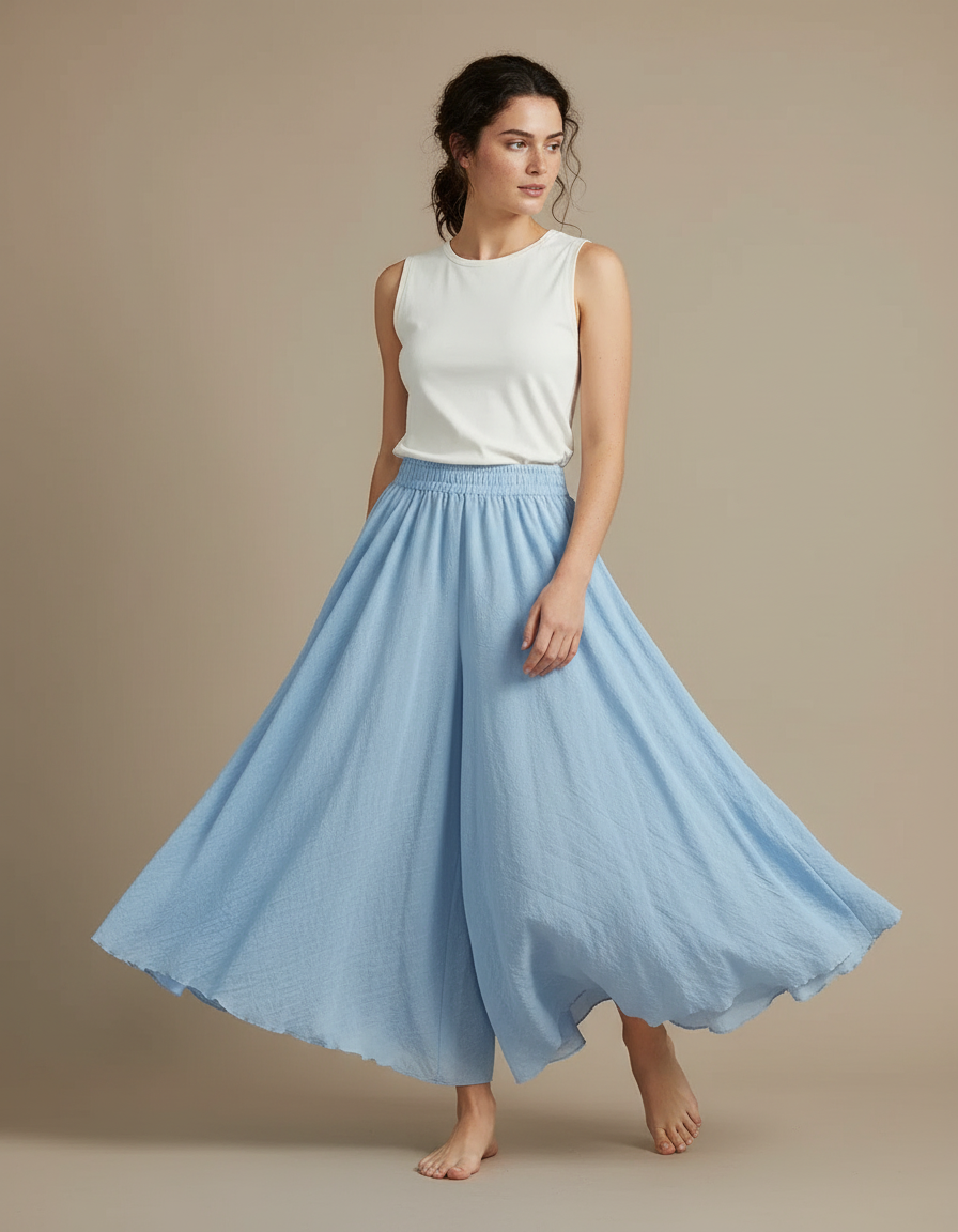 Pantalon Jupe Bleu Ciel Ample Fluide Lin Coton