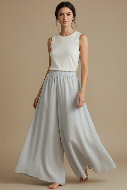 Pantalon Jupe Gris Fluide Ample Élégant Décontracté - Lin