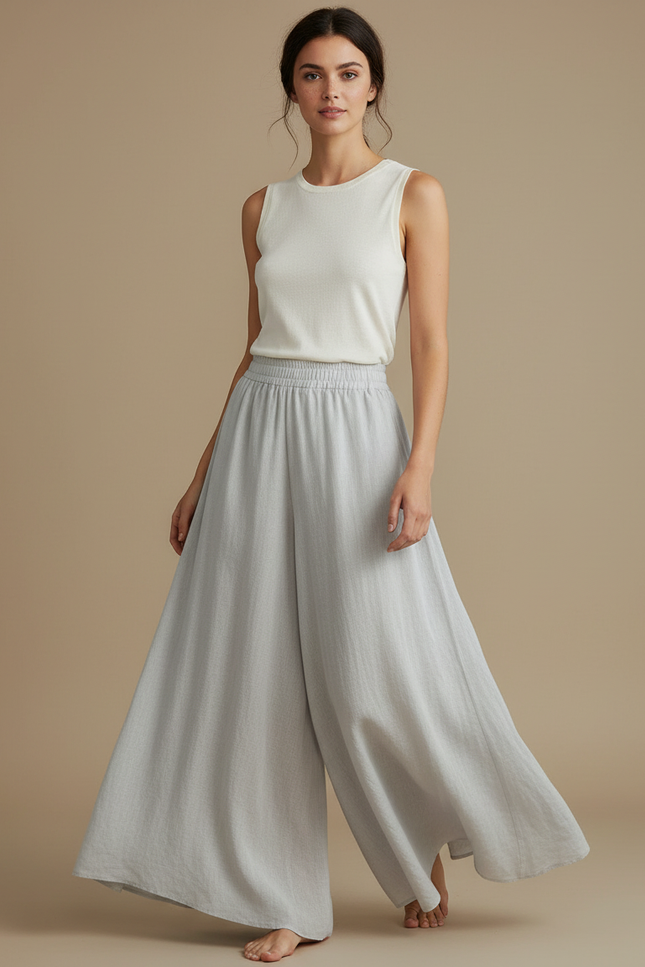 Pantalon Jupe Gris Fluide Ample Élégant Décontracté - Lin