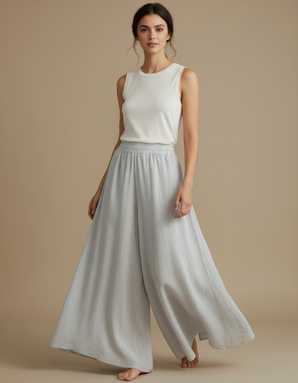 Pantalon Jupe Gris Fluide Ample Élégant Décontracté - Lin