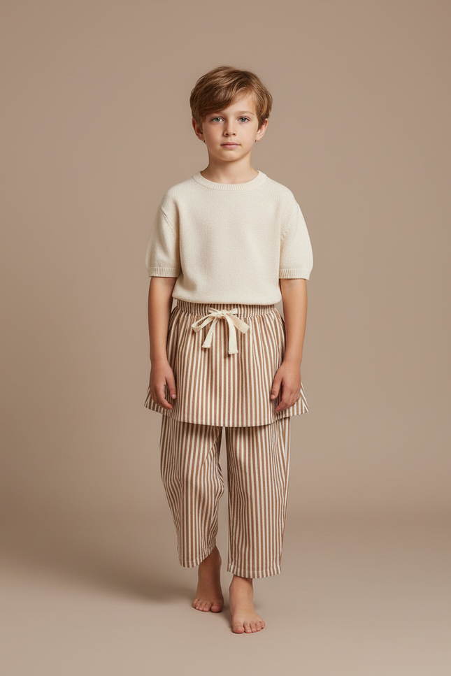 Pantalon Jupe Rayé Marron Ample Coton Enfant Décontracté