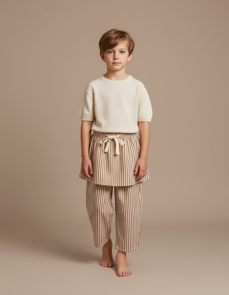 Pantalon Jupe Rayé Marron Ample Coton Enfant Décontracté