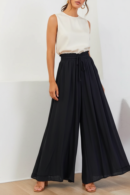 Pantalon Jupe Noir Ample Fluide Taille Haute Élégant - Polyester