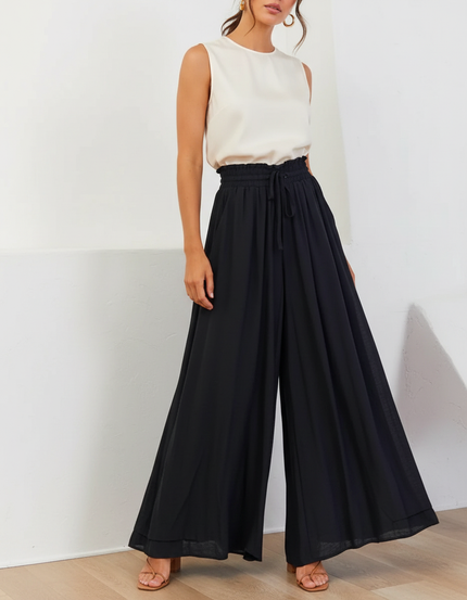 Pantalon Jupe Noir Ample Fluide Taille Haute Élégant - Polyester