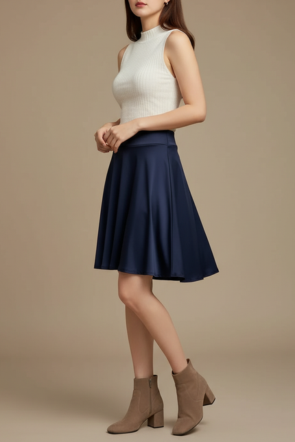 Pantalon Jupe Bleu Marine Évasée Courte Plissée Élégante Femme - Satin