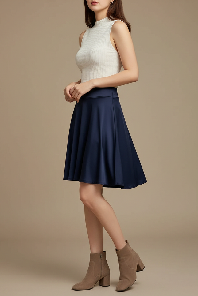 Pantalon Jupe Bleu Marine Évasée Courte Plissée Élégante Femme - Satin