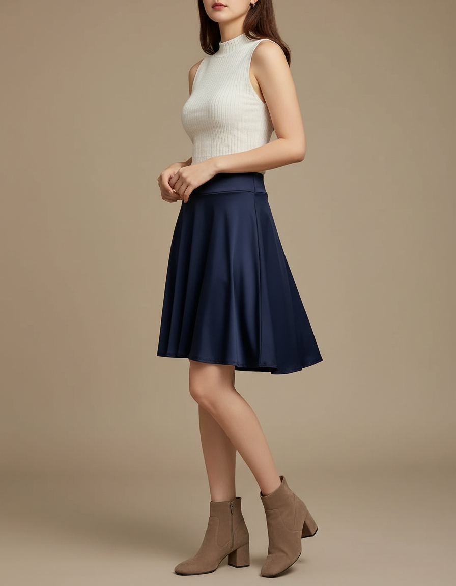 Pantalon Jupe Bleu Marine Évasée Courte Plissée Élégante Femme - Satin