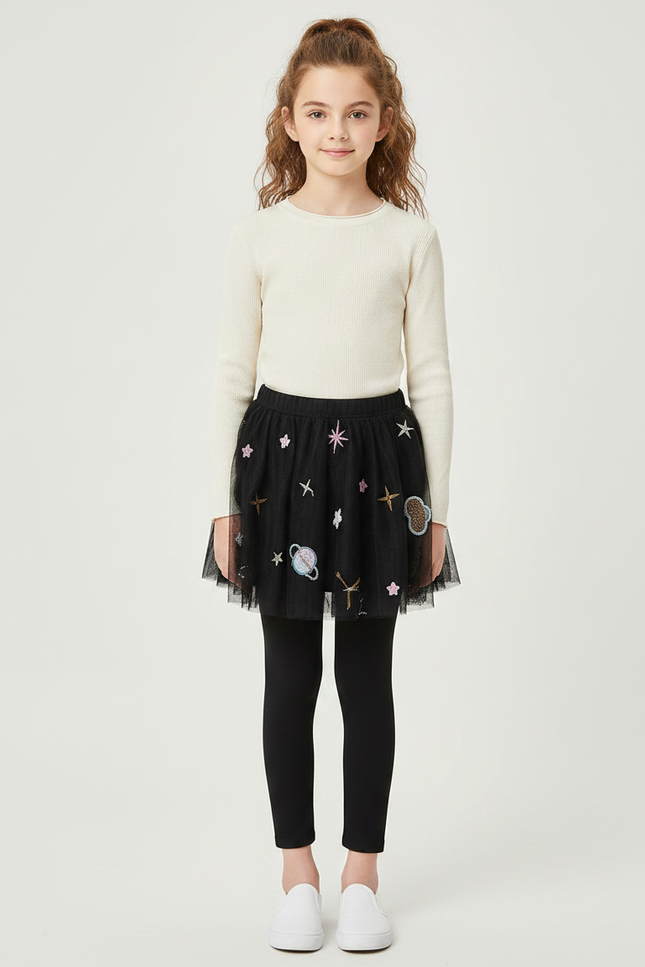 Pantalon Jupe Noir Tulle Étoiles Planètes Enfant - Maille