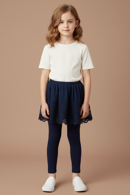 Pantalon Jupe Marine Dentelle Superposée Coton Confortable Fille