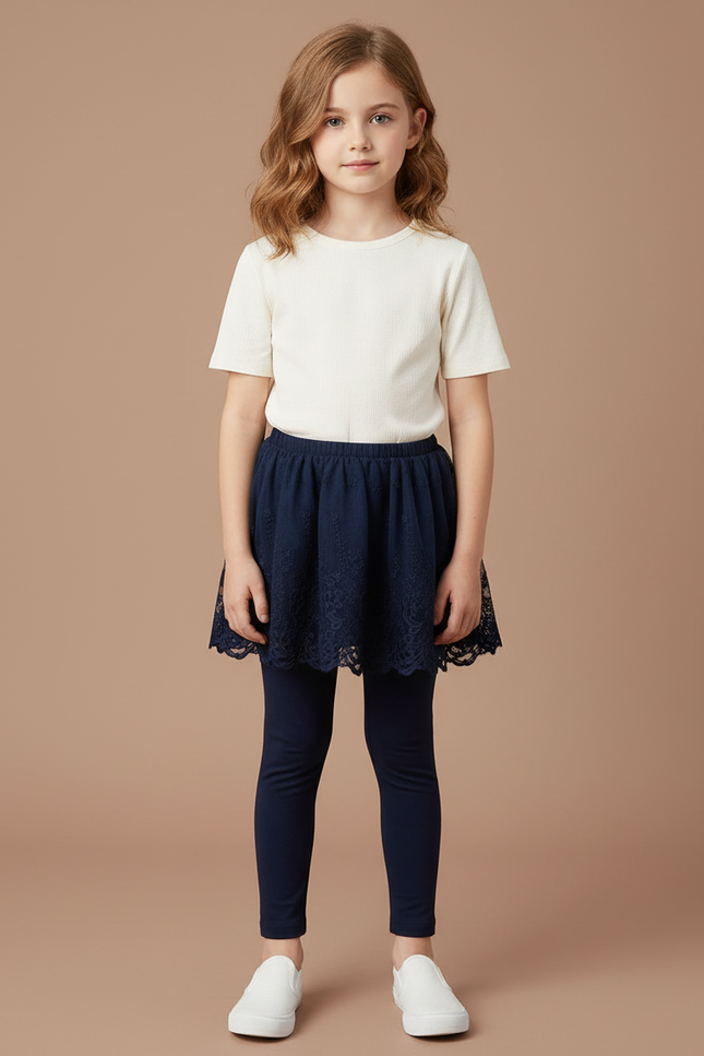 Pantalon Jupe Marine Dentelle Superposée Coton Confortable Fille