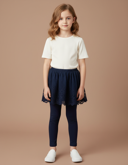 Pantalon Jupe Marine Dentelle Superposée Coton Confortable Fille