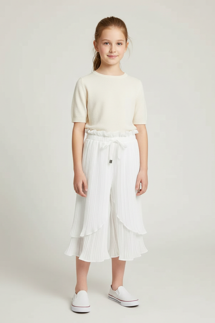 Pantalon Jupe Blanc Plissé Superposé Fluide Enfant - Polyester
