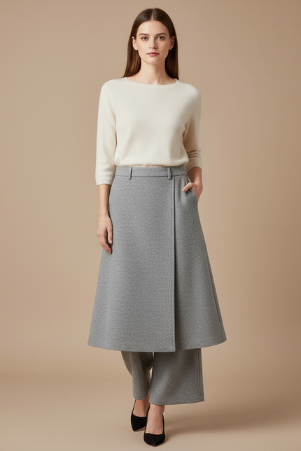 Pantalon Jupe Gris Laine Ample Élégant Bureau