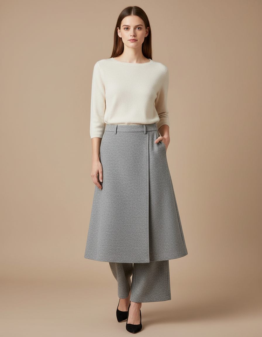Pantalon Jupe Gris Laine Ample Élégant Bureau