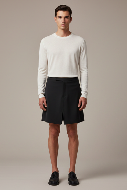 Pantalon Jupe Noir Plissé Court Homme Moderne - Polyester