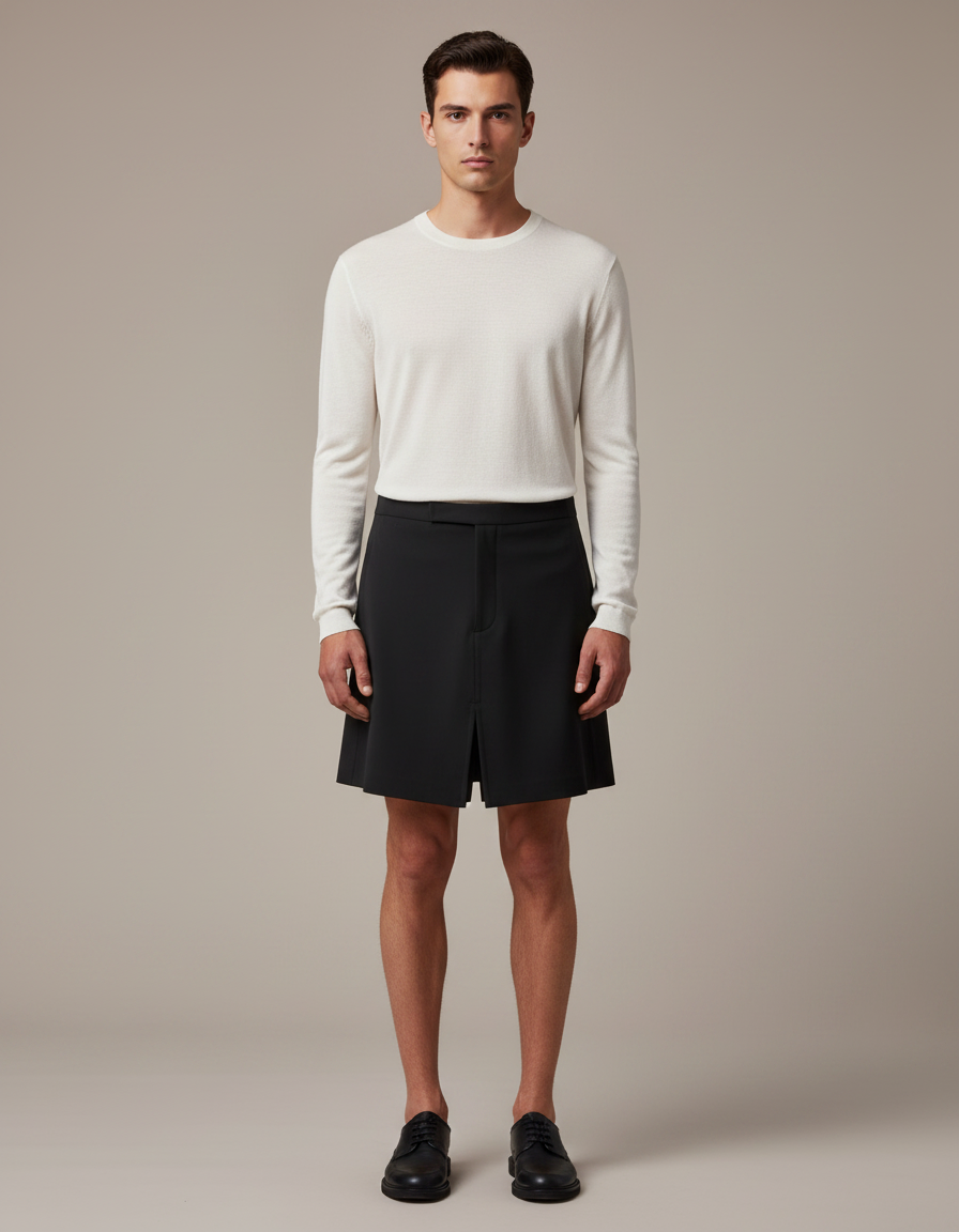 Pantalon Jupe Noir Plissé Court Homme Moderne - Polyester