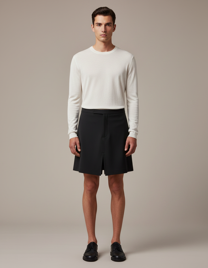 Pantalon Jupe Noir Plissé Court Homme Moderne - Polyester