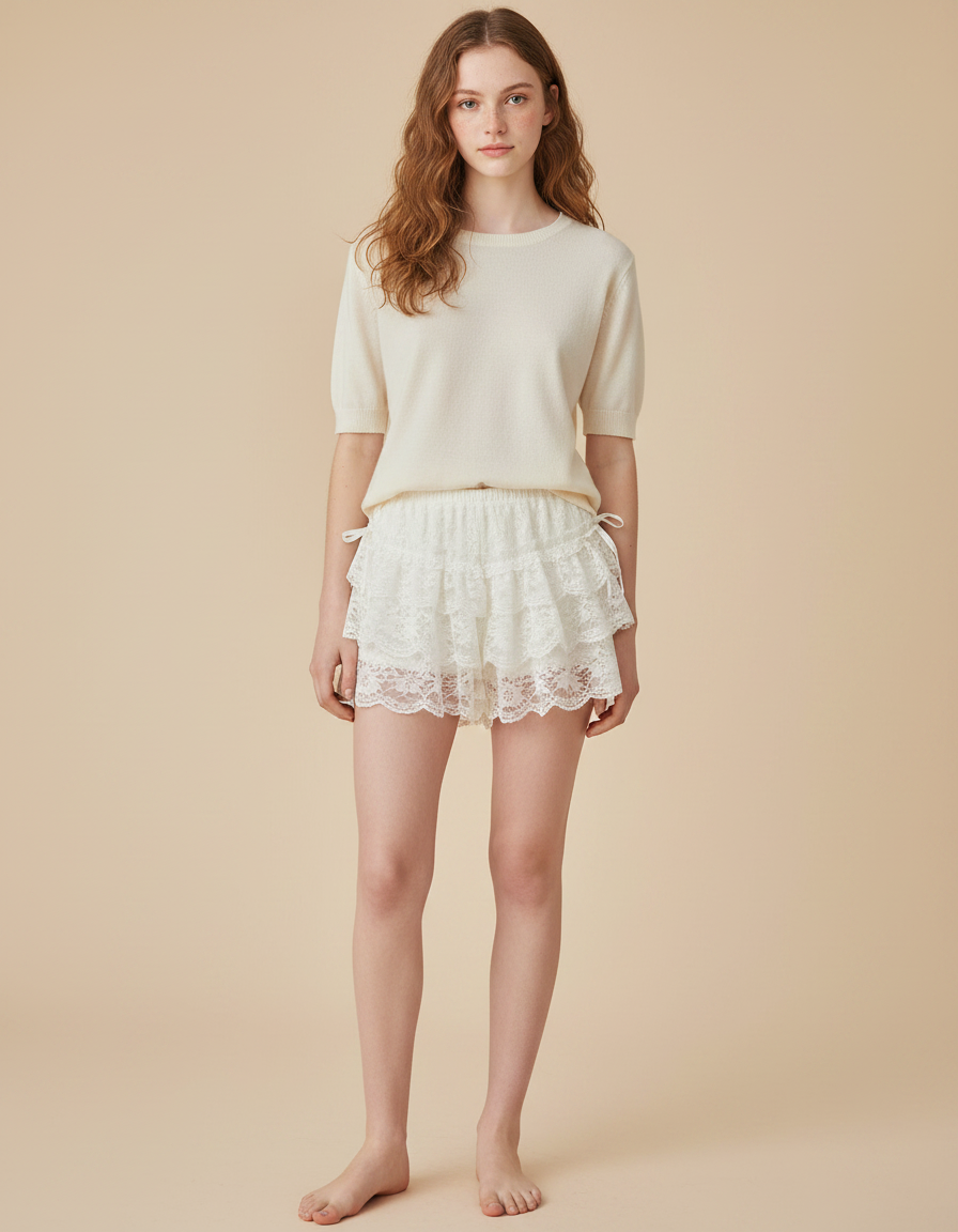 Pantalon Jupe Blanc Dentelle Volants Nœuds Lolita - Polyester