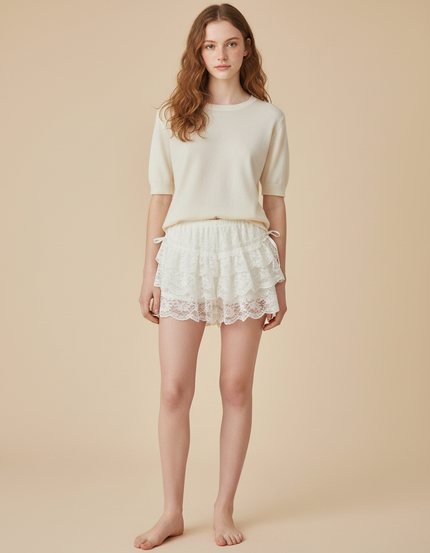 Pantalon Jupe Blanc Dentelle Volants Nœuds Lolita - Polyester