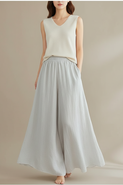 Pantalon Jupe Ample Lin Gris Fluide Femme