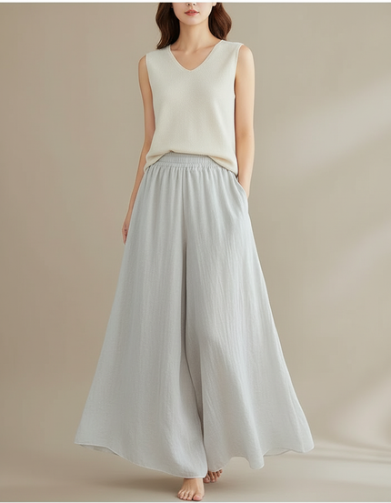 Pantalon Jupe Ample Lin Gris Fluide Femme