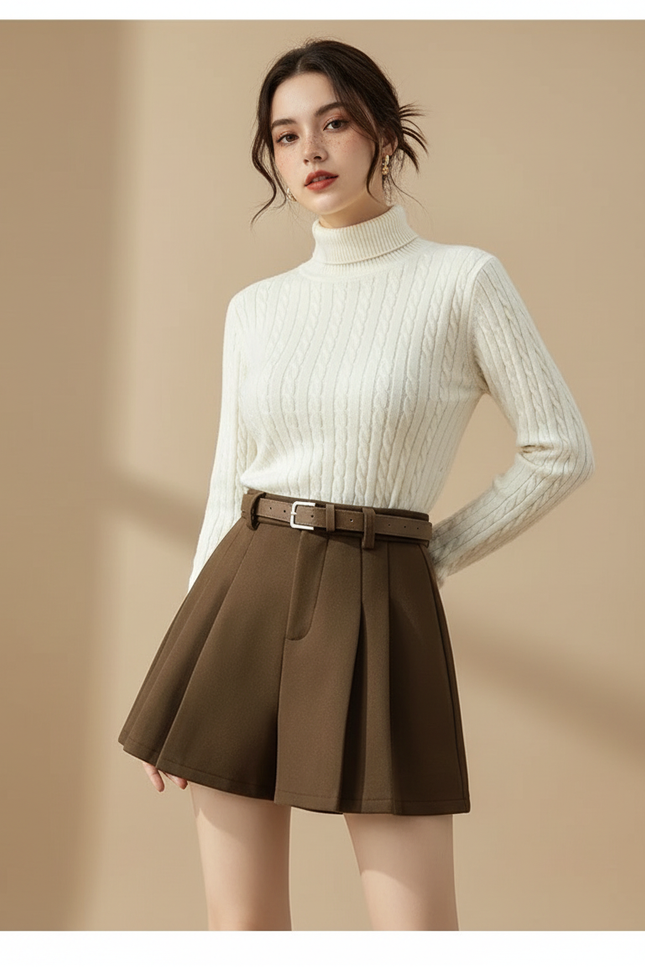 Pantalon Jupe Marron Plissé Laine Ceinturé Hiver
