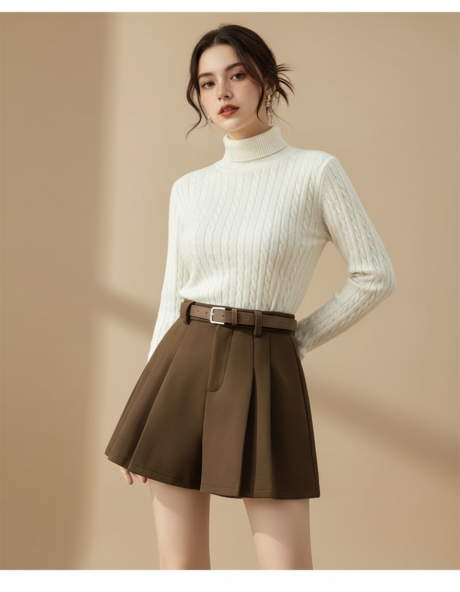 Pantalon Jupe Marron Plissé Laine Ceinturé Hiver