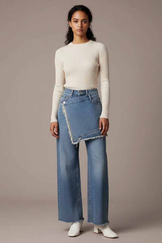 Pantalon Jupe Denim Bleu Droit Effiloché Déstructuré - Jean