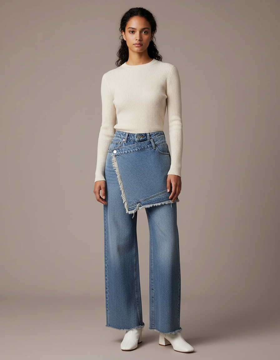 Pantalon Jupe Denim Bleu Droit Effiloché Déstructuré - Jean