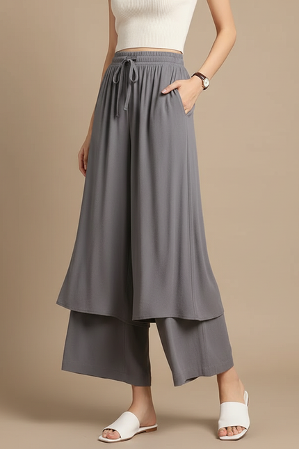 Pantalon Jupe Gris Fluide Superposé Ample Femme - Viscose