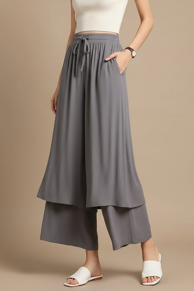 Pantalon Jupe Gris Fluide Superposé Ample Femme - Viscose