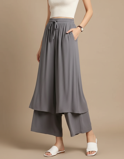 Pantalon Jupe Gris Fluide Superposé Ample Femme - Viscose
