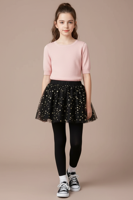 Pantalon Jupe Noir Étoiles Dorées Superposé Fille - Maille