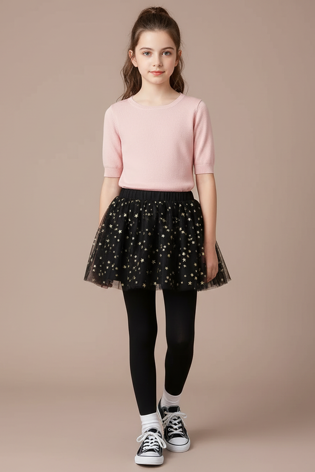Pantalon Jupe Noir Étoiles Dorées Superposé Fille - Maille