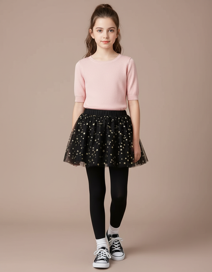 Pantalon Jupe Noir Étoiles Dorées Superposé Fille - Maille