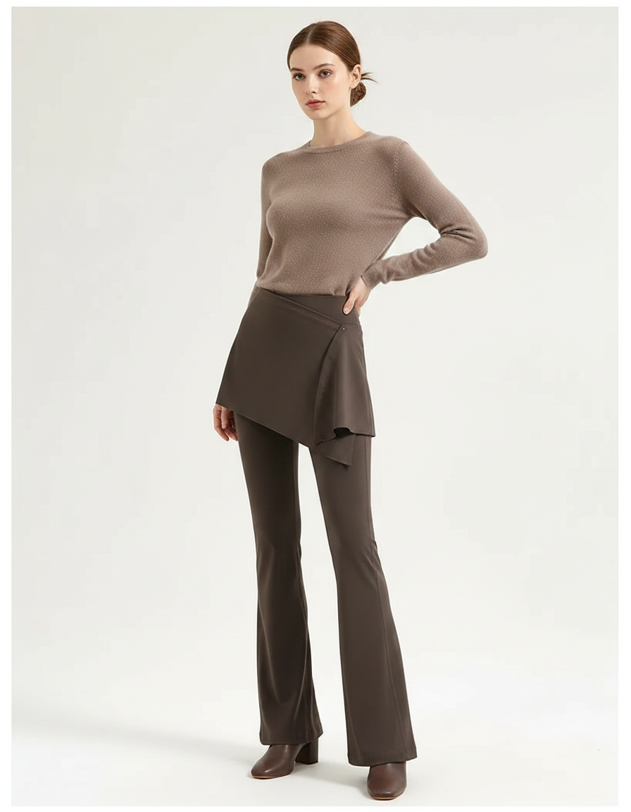 Pantalon Jupe Marron Évasé Superposé Élégant - Maille