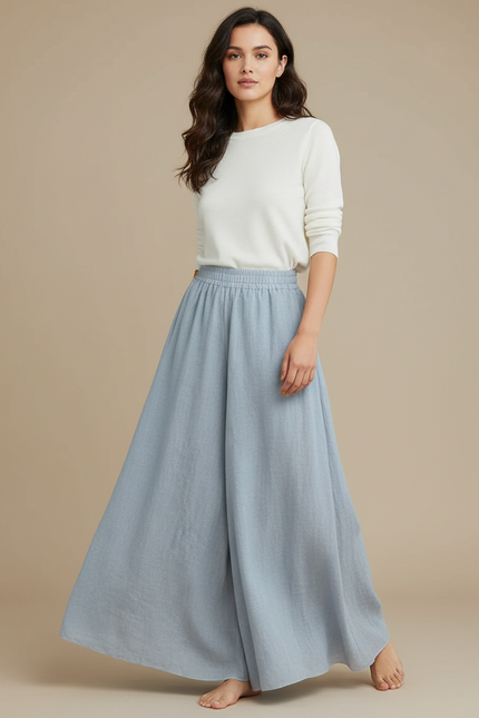 Pantalon Jupe Bleu Ciel Fluide Ample Élégant Décontracté - Lin