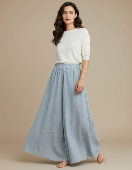Pantalon Jupe Bleu Ciel Fluide Ample Élégant Décontracté - Lin