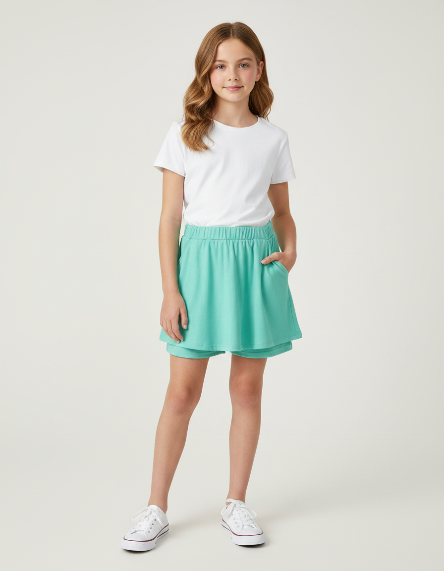 Pantalon Jupe Vert Menthe Superposé Décontracté Enfant Coton