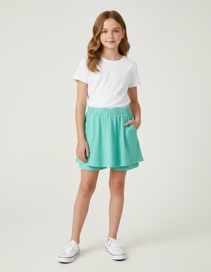 Pantalon Jupe Vert Menthe Superposé Décontracté Enfant Coton