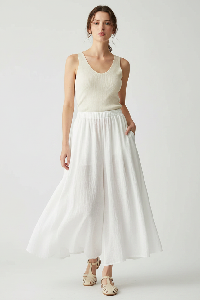 Pantalon Jupe Blanc Ample Fluide Coton Lin