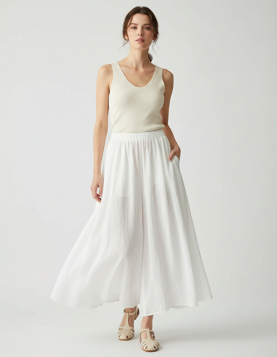 Pantalon Jupe Blanc Ample Fluide Coton Lin