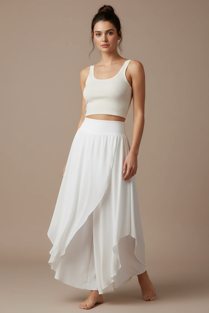 Pantalon Jupe Blanc Fluide Ample Irrégulier Élégant - Viscose