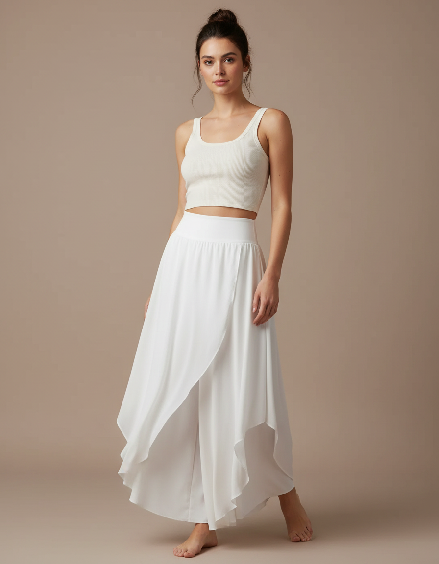 Pantalon Jupe Blanc Fluide Ample Irrégulier Élégant - Viscose