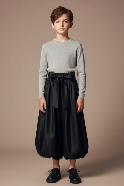 Pantalon Jupe Noir Satiné Bouffant Nœud Élégant
