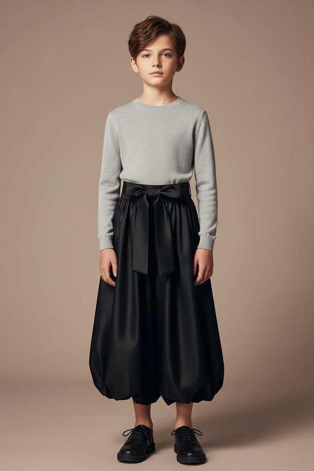 Pantalon Jupe Noir Satiné Bouffant Nœud Élégant