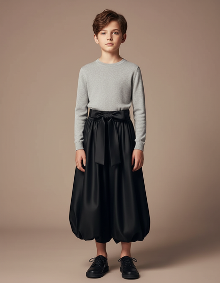 Pantalon Jupe Noir Satiné Bouffant Nœud Élégant